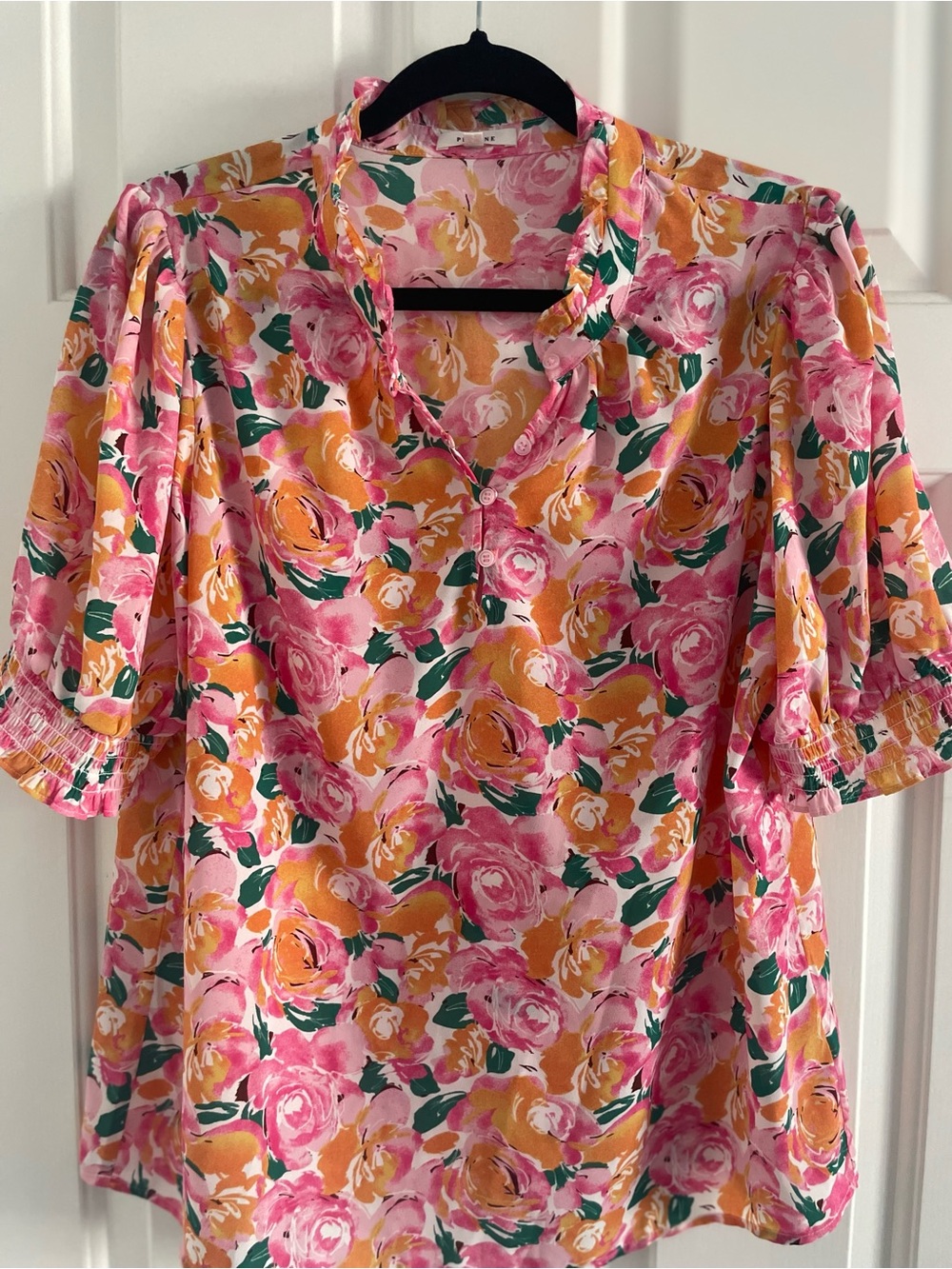 Pleione Pink & Yellow Floral Puff Sleeve Blouse-never worn